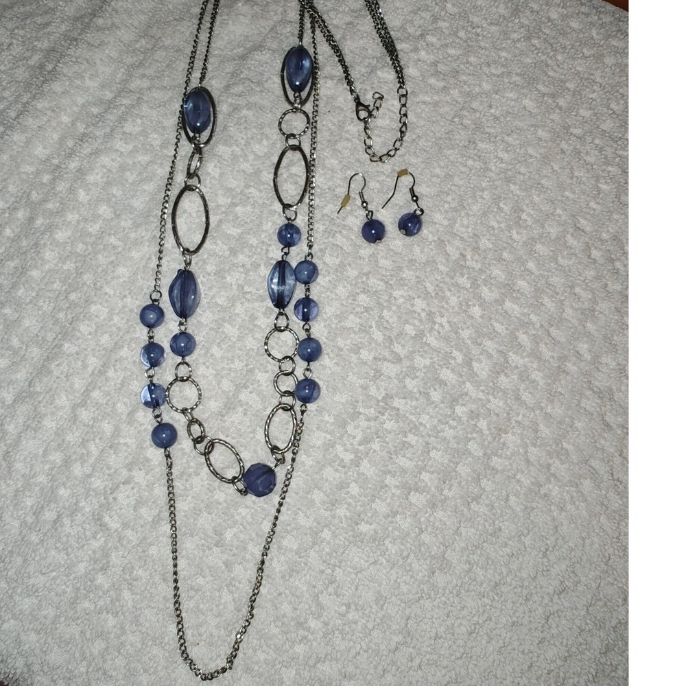 Necklace Set Blue Beaded Multi-Strand Silver Tone Long Station Jewelry Lot